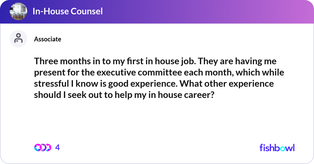 First Thought Icon Three months in to my first in house job. They are... | Fishbowl