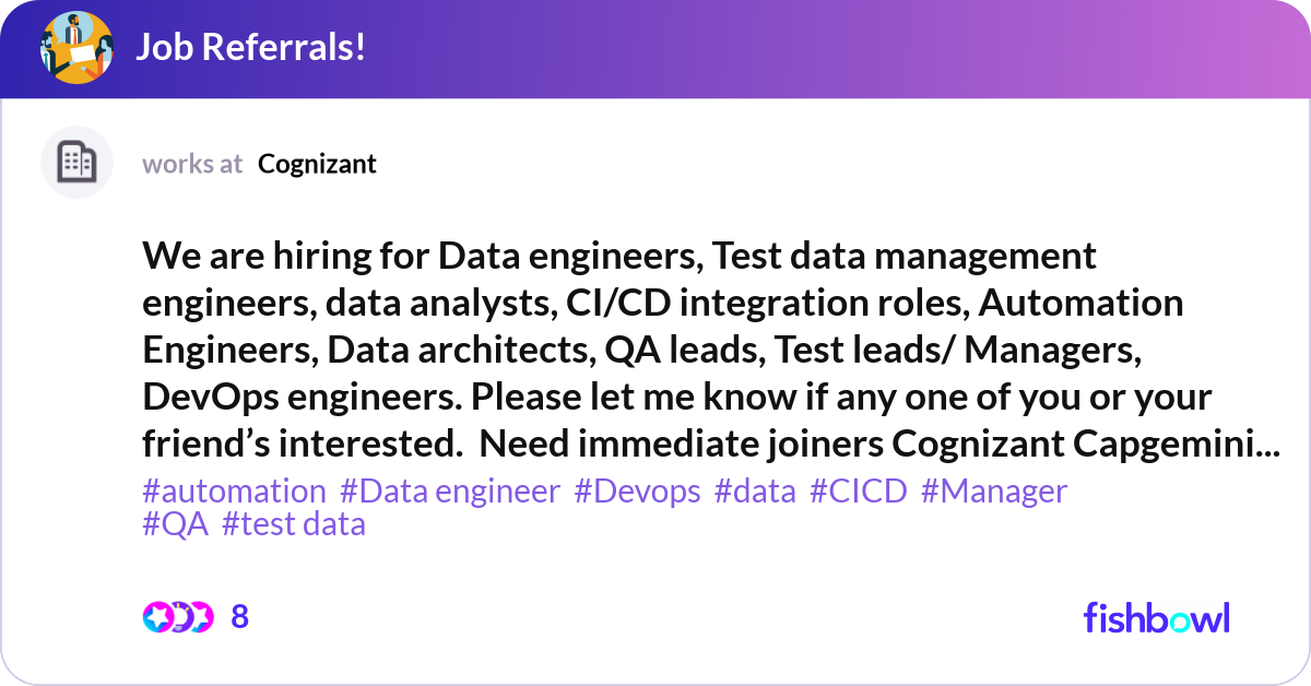 We are hiring for Data engineers, Test data manage... | Fishbowl