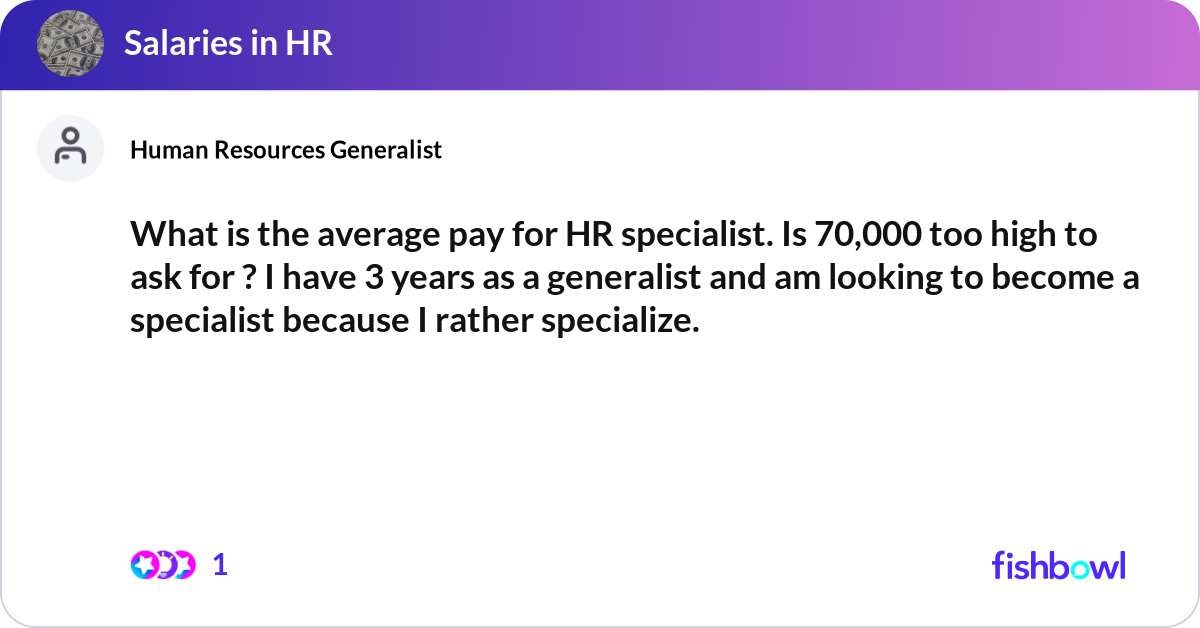 What is the average pay for HR specialist. Is 70,0... | Fishbowl