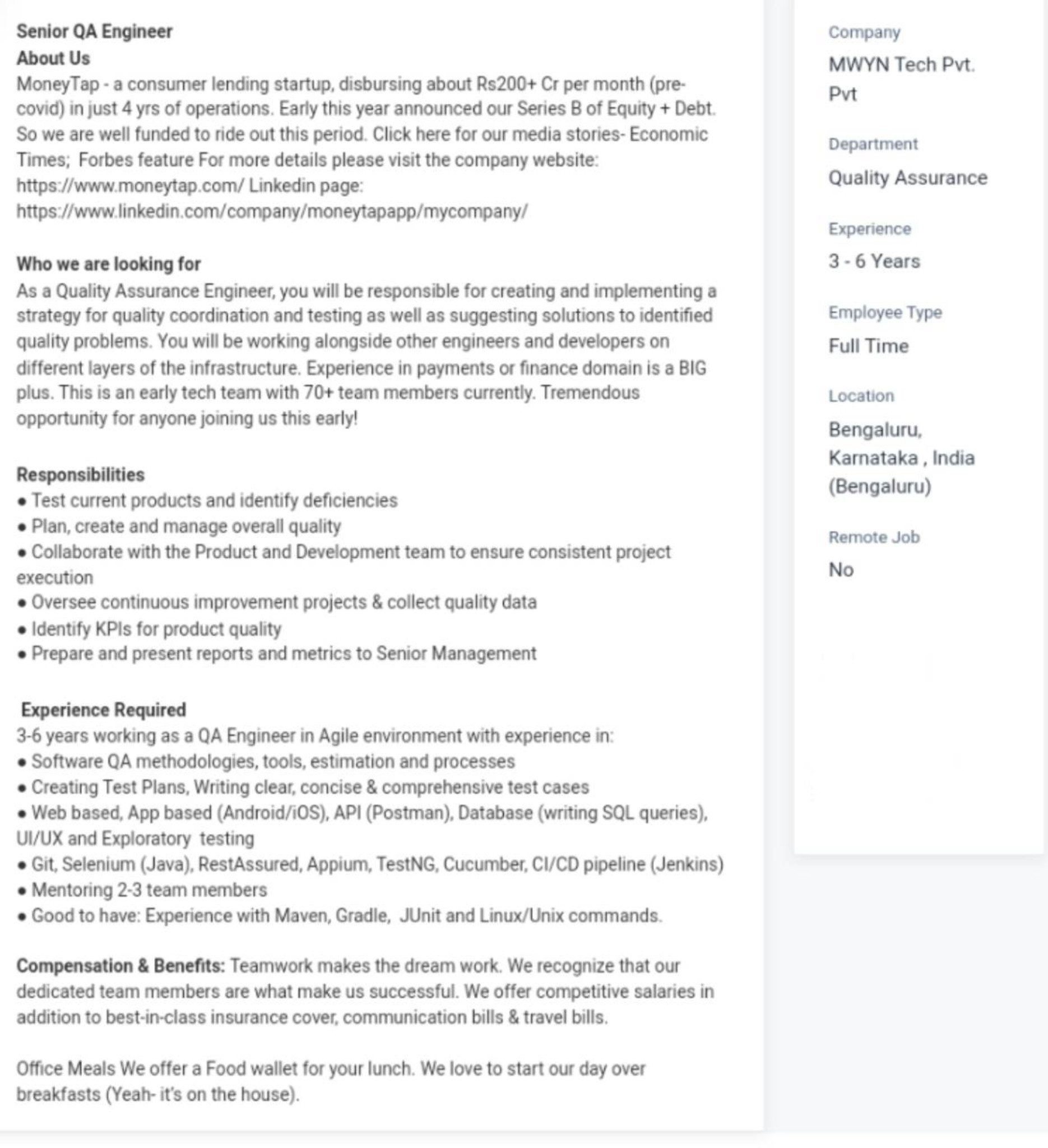 Opening in MoneyTap Position : Senior QA Engineer... | Fishbowl