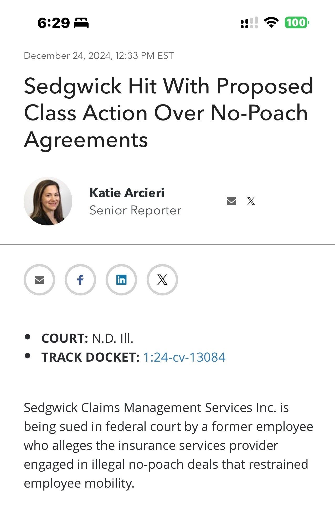 Sedgwick has been sued in Federal Court for allegations that the