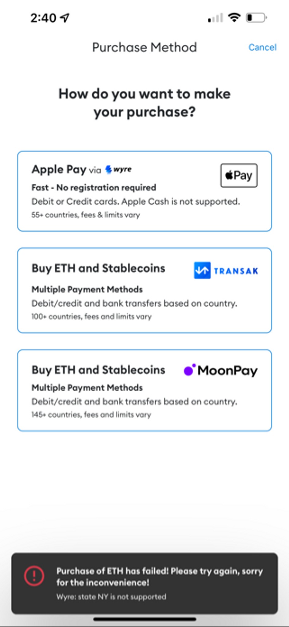 NYC State is not support by any of these payment m... | Fishbowl