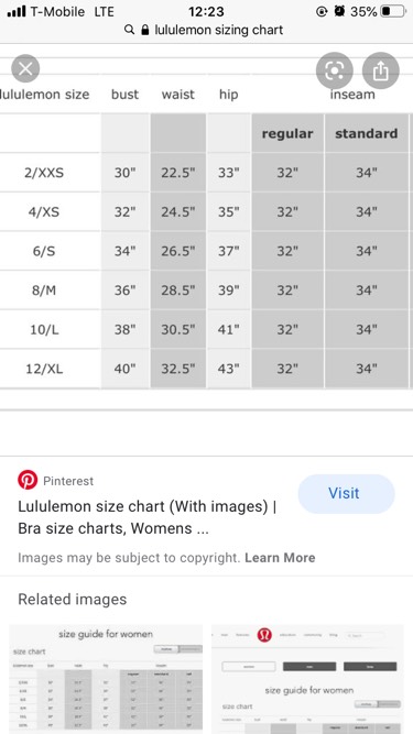 lululemon size chart tops