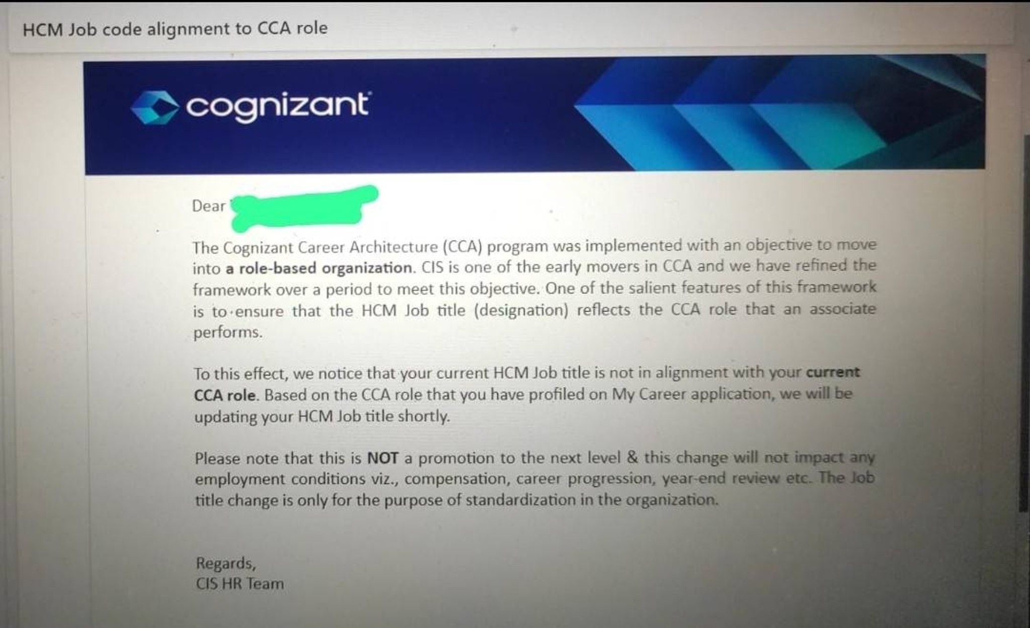 Cognizant ..Did any one got this email ? Chaning the HCM job title