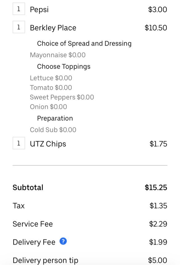 What’s the total cost of a sandwich and a water bo... Fishbowl