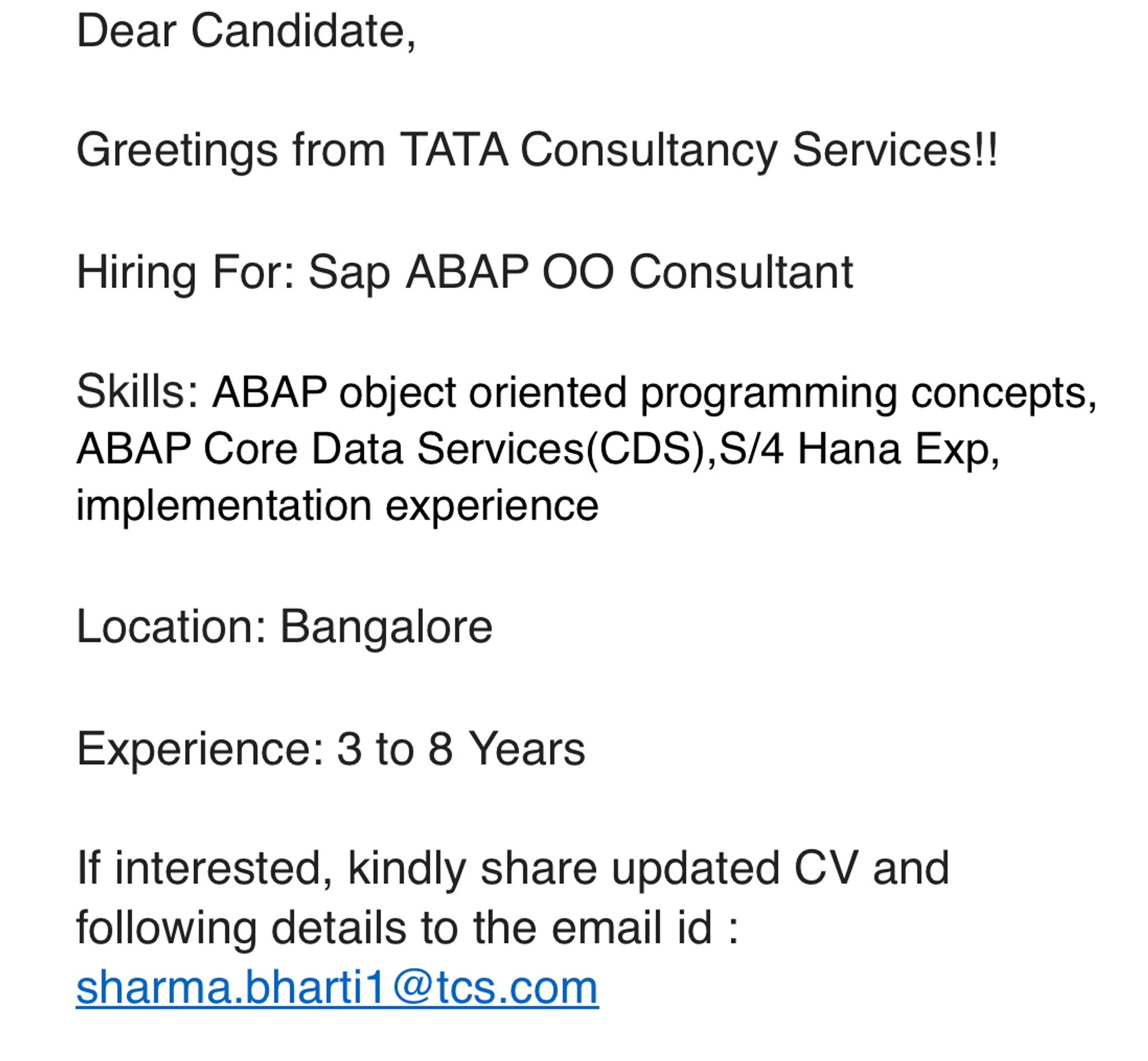 Every week TCS HR sends email to attach CV and details over email 