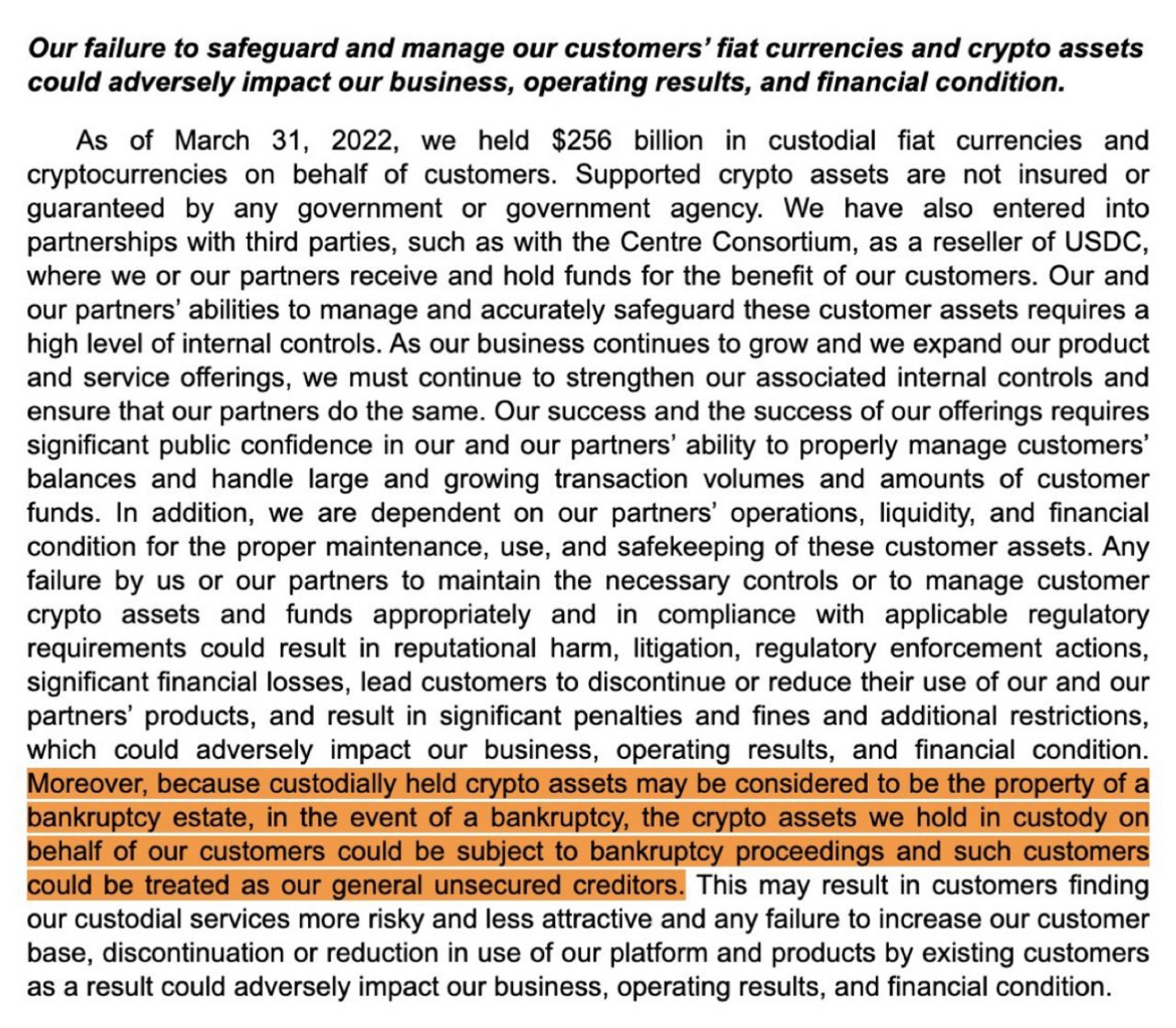 Coinbase 10-Q disclosure states if they file bankr... | Fishbowl